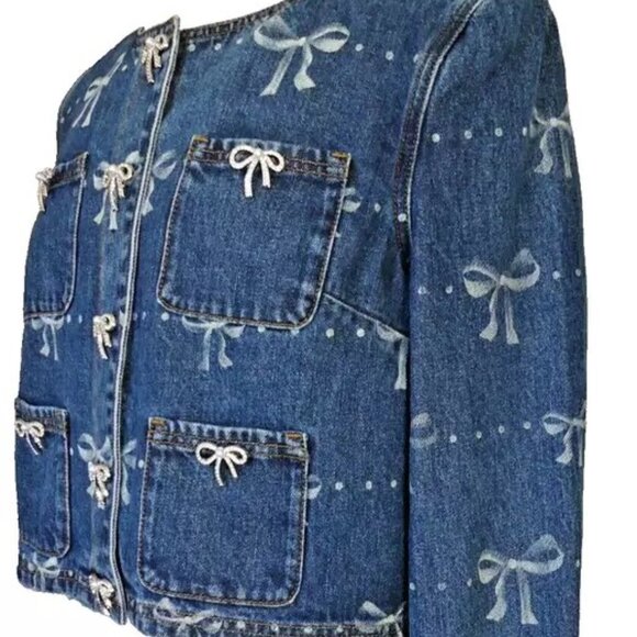 Self Portrait Blue Bow Print Embellished Cropped ShortJacket USA Size 10 - Picture 5 of 15